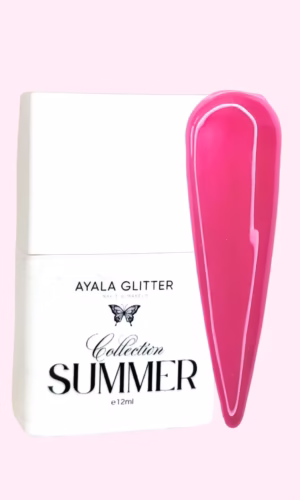 Esmalte permanente Raspberry de Ayala Glitter con fórmula duradera y color intenso.